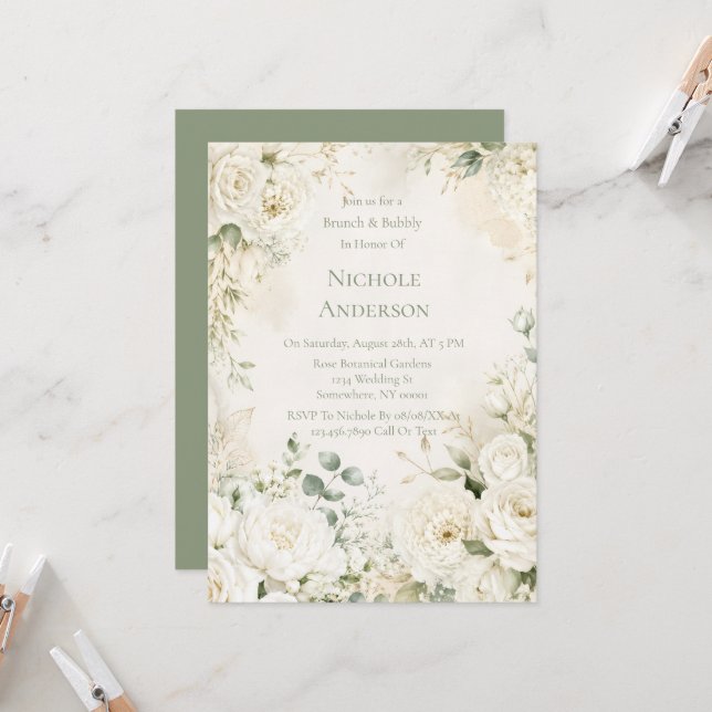 Elegant Ivory Florals Brunch and Bubbly  Invitation (Front/Back In Situ)