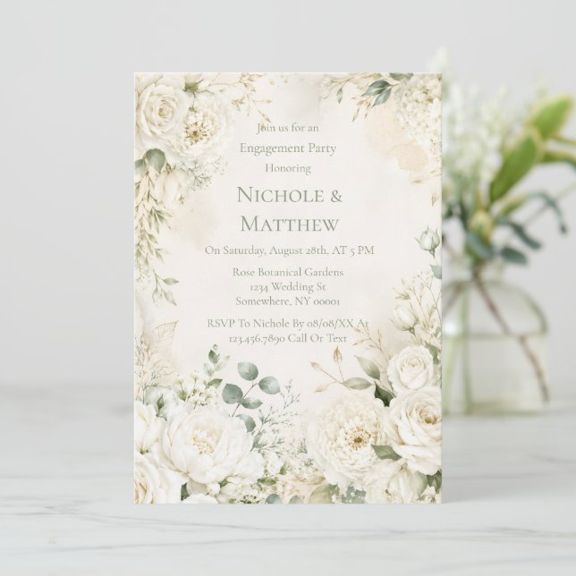 Elegant Ivory Florals Wedding Engagement Party  Invitation (Standing Front)