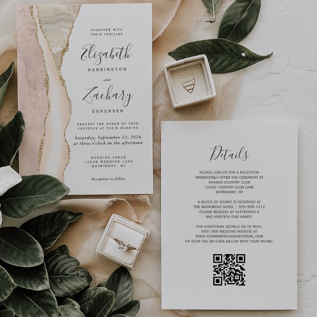 Elegant Ivory Gold Agate QR Code Wedding Invitation (Creator Uploaded)