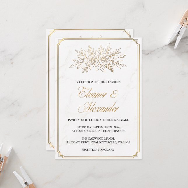 Elegant Ivory Gold Art Deco Wedding Invitation (Front/Back In Situ)