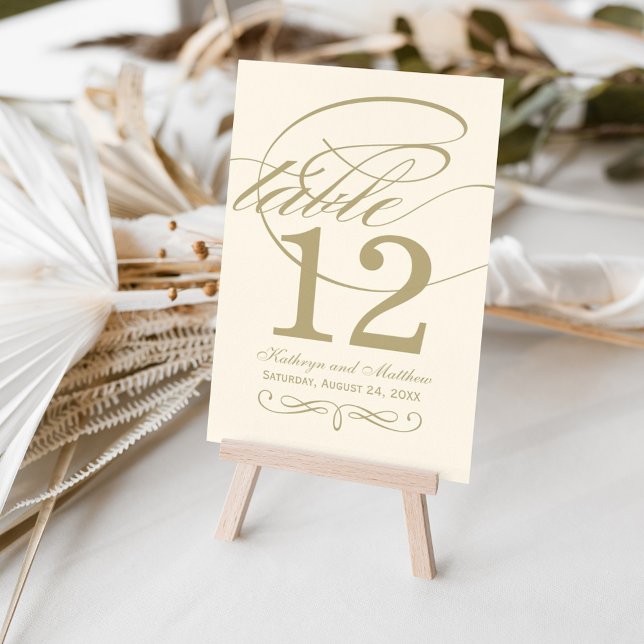 Elegant Ivory Gold Calligraphy Wedding Monogram Table Number (Creator Uploaded)