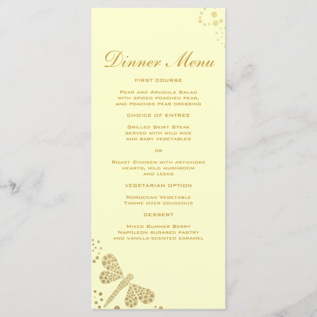 Elegant Ivory & Gold Dragonfly Slim Dinner Menu (Front)