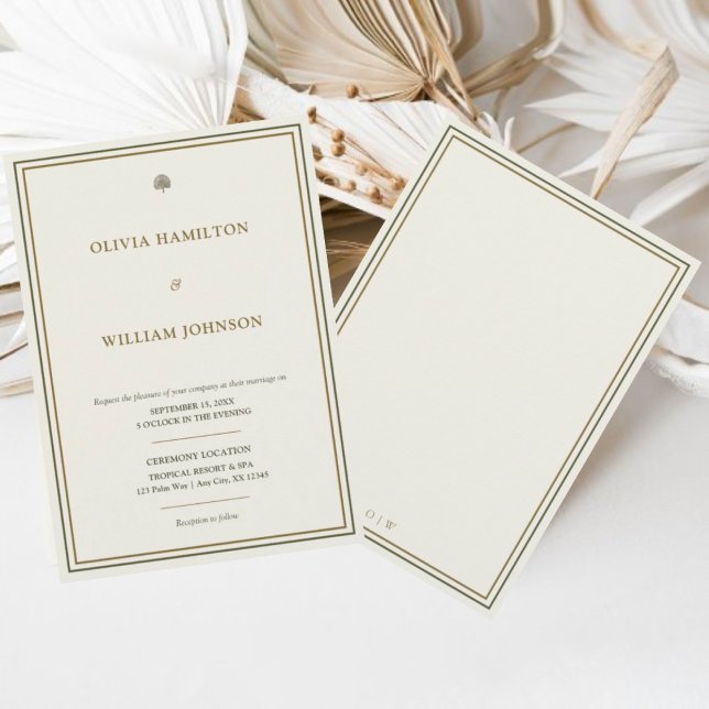 Elegant Ivory & Gold Green Border 5x7 Wedding Invitation (Elegant save the date card with custom monogram back for timeless weddings.)