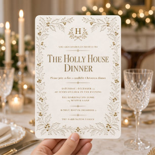 Elegant Ivory Gold Holly Christmas Dinner Invitation
