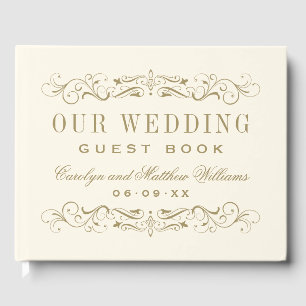 Elegant Ivory Gold Scrollwork Wedding Monogram Guest Book