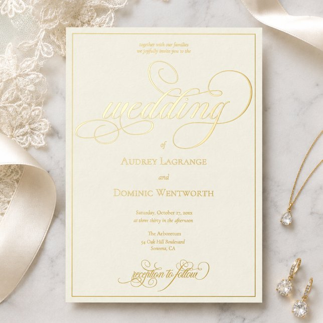 Elegant Ivory Gold Wedding Script Calligraphy (elegant luxury opulent classic cream and gold foil script calligraphy custom wedding invitation)