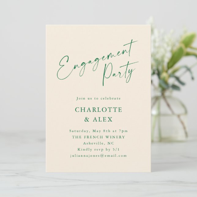 Elegant Ivory Green Calligraphy Engagement Party Invitation (Standing Front)