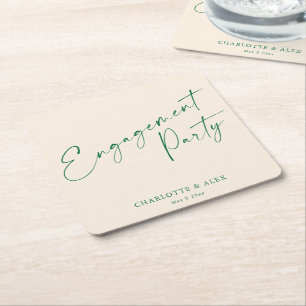 Elegant Ivory Green Calligraphy Engagement Party Square Paper Coaster