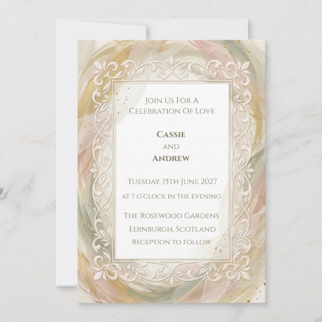 Elegant Ivory Lace Border Wedding Invitation (Front)