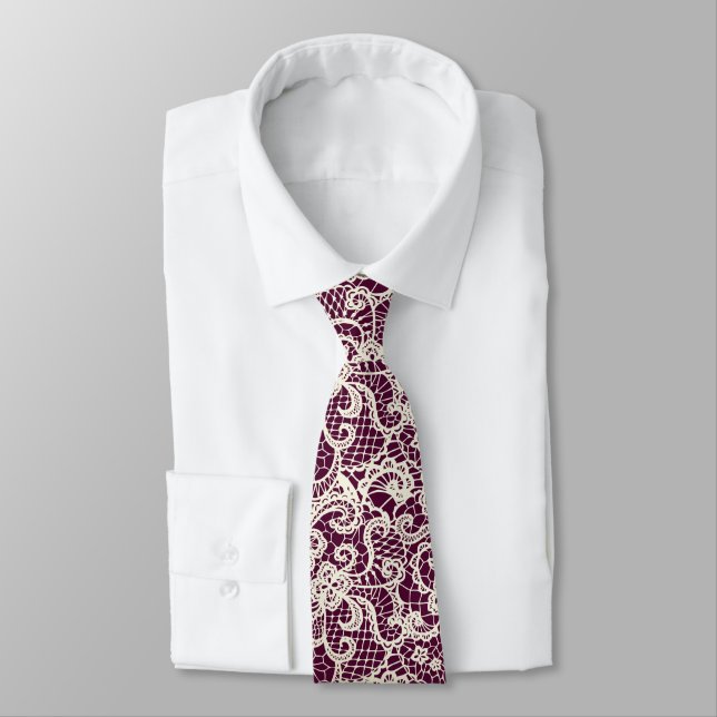 Elegant Ivory Lace On Maroon Red Tie (Tied)