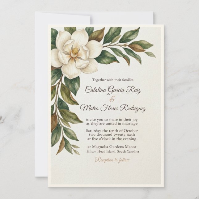 Elegant Ivory Magnolia Budget Wedding Invitation (Front)