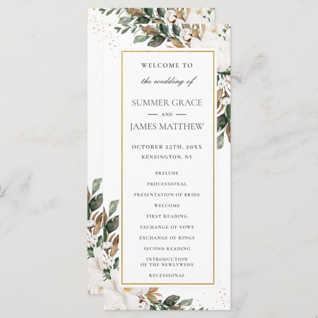 Elegant Ivory Magnolia Floral Greenery Wedding Programme (Front/Back)