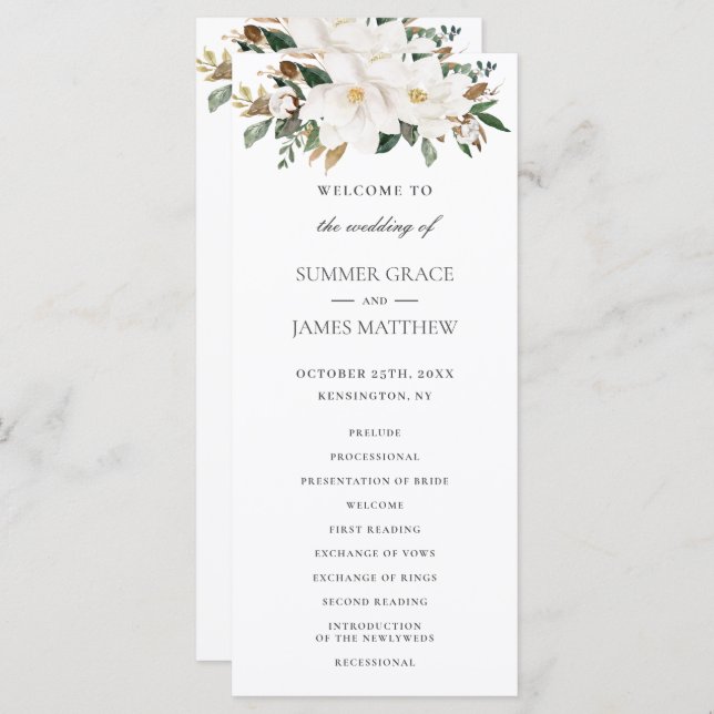 Elegant Ivory Magnolia Floral Greenery Wedding  Programme (Front/Back)