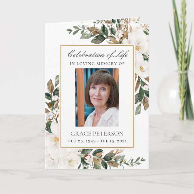 Elegant Ivory Magnolia Floral Leafy Photo Funeral Programme (Front)