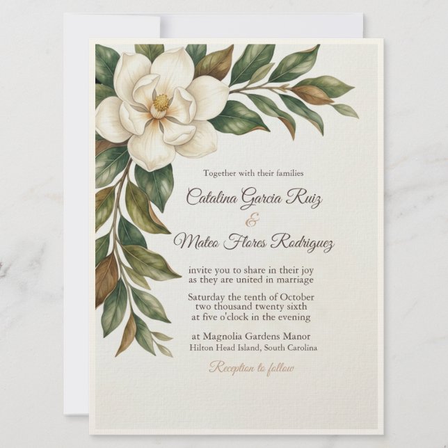 Elegant Ivory Magnolia Wedding Invitation (Front)
