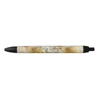 Elegant Ivory Marble and Gold Glitter Black Ink Pen
