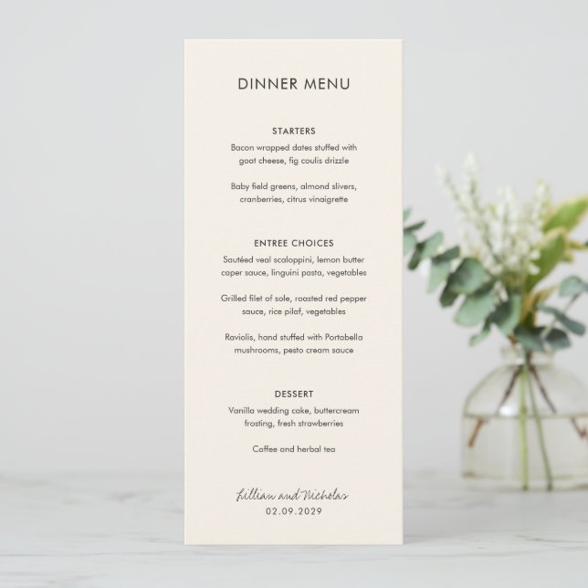 Elegant Ivory Modern Wedding Menu (Standing Front)