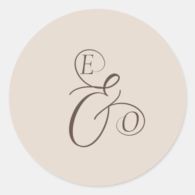 Elegant Ivory Monogram Muted brown Wedding Classic Round Sticker (Front)