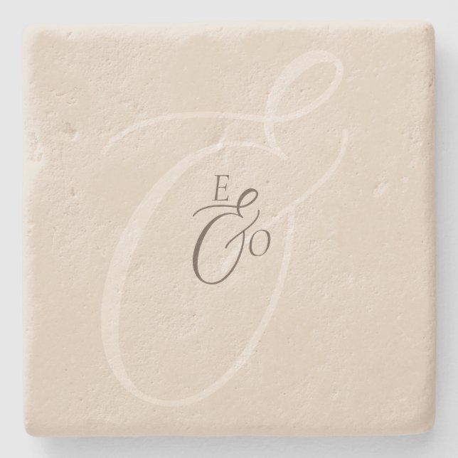 Elegant Ivory Monogram Muted brown Wedding Stone Coaster (Front)