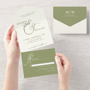 Elegant Ivory Moss Green Floral Ampersand Wedding All In One Invitation