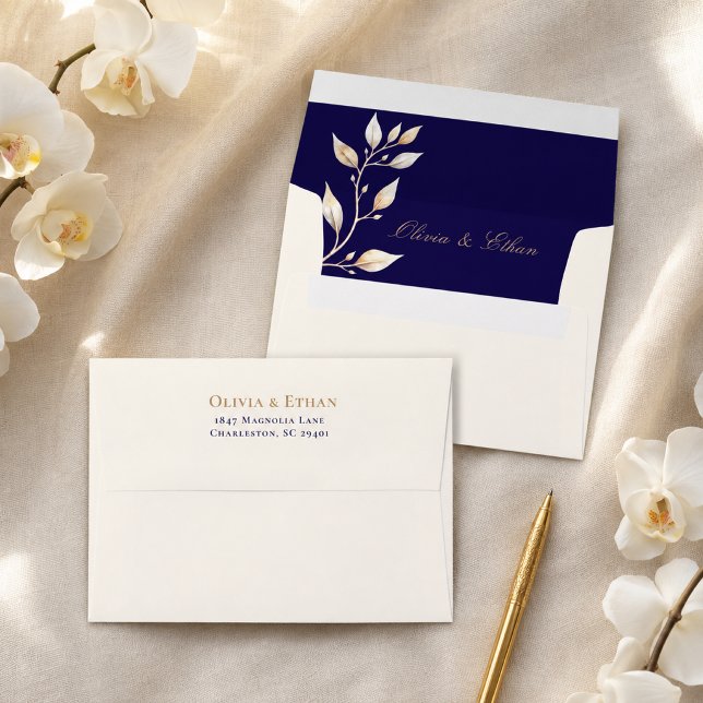 Elegant Ivory Navy Gold Botanical Wedding Envelope (Creator Uploaded)
