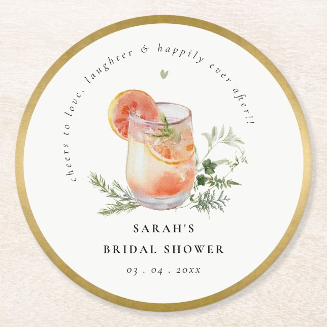 Elegant Ivory Orange Green Cocktail Bridal Shower  Round Paper Coaster (Front)
