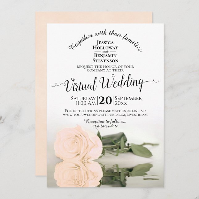 Elegant Ivory Peach Romantic Rose Virtual Wedding Invitation (Front/Back)