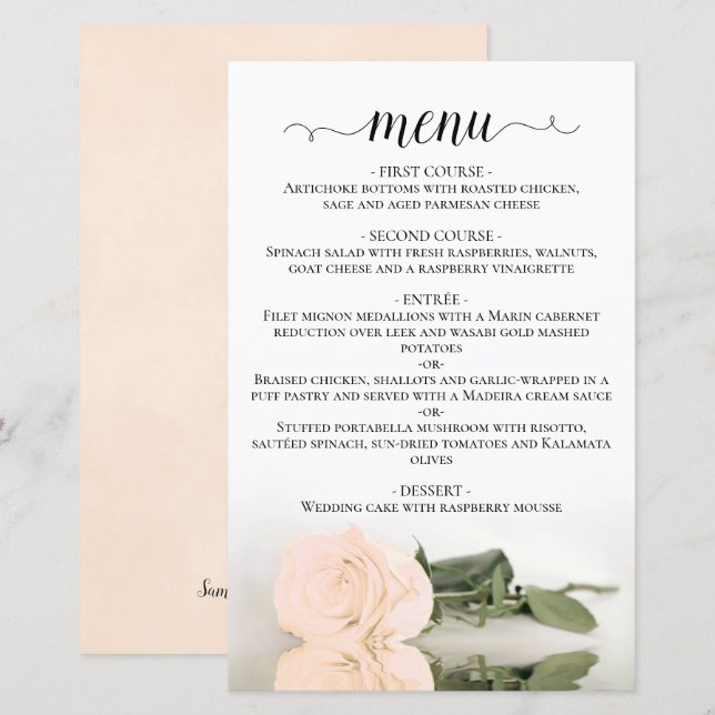 Elegant Ivory Peach Rose Budget Wedding Menu (Front/Back)