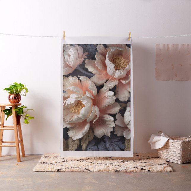 Elegant Ivory Peonies on Midnight Blue Fabric (In Situ)
