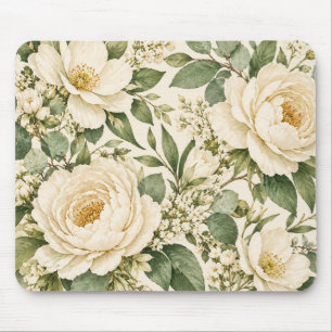 Elegant Ivory Peony Floral Mouse Pad