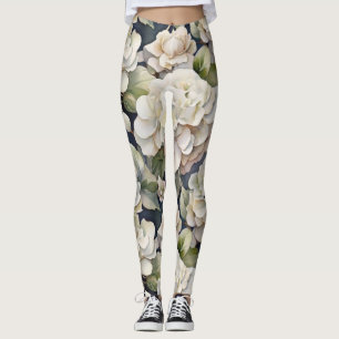 Elegant ivory pink green navy watercolor floral leggings