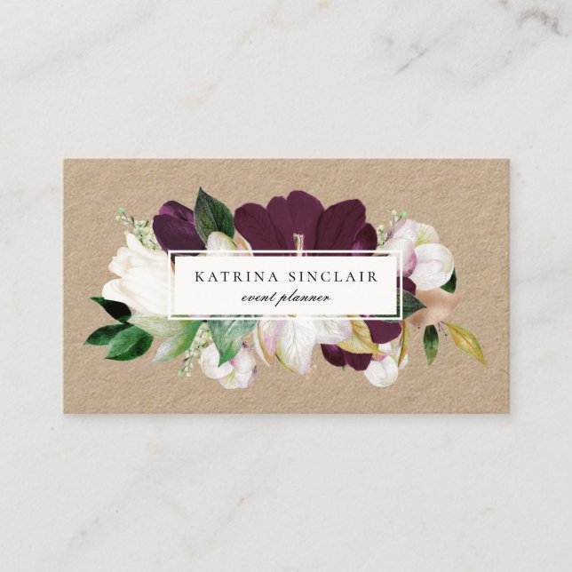 Elegant Ivory Plum Purple Floral Kraft Business Card (Front)