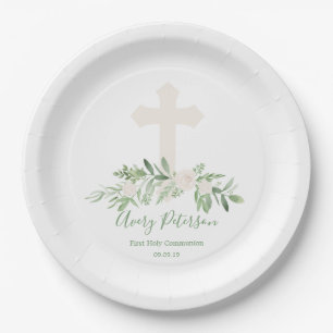 Elegant Ivory Rose Cross First Holy Communion Paper Plate
