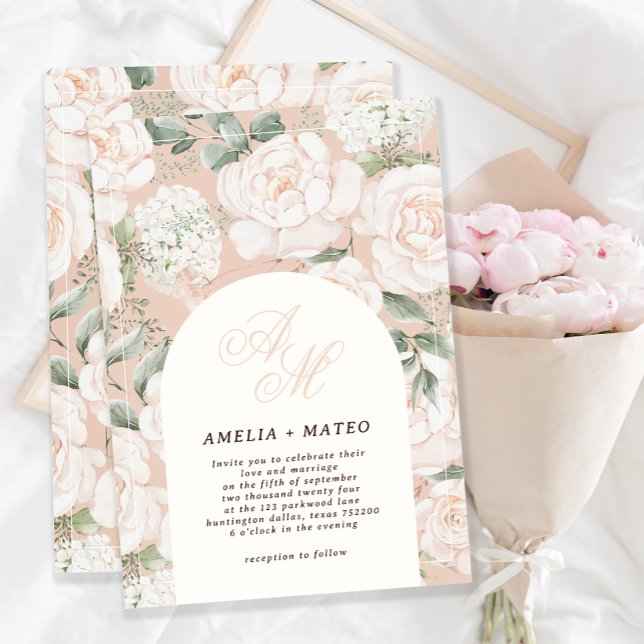 Elegant Ivory Rose Floral Arch Wedding Monogram Invitation (Creator Uploaded)