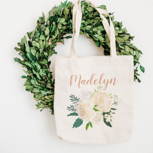 Elegant Ivory Rose Greenery Bouquet Name Tote Bag