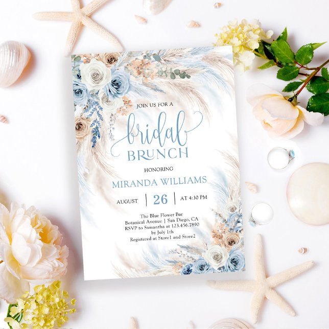 Elegant Ivory Roses Blue Floral Bridal Brunch Invitation (Creator Uploaded)