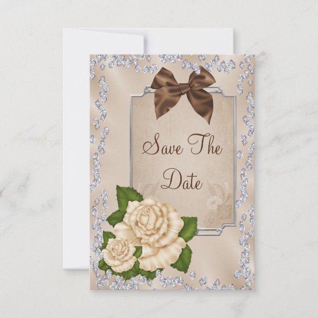Elegant Ivory Roses & Bows 50th Save The Date (Front)