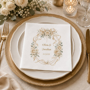 Elegant Ivory Roses, Eucalyptus, Pearls Wedding Napkin
