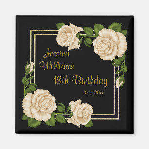 Elegant Ivory Roses & Gold Glitter 18th Birthday Magnet