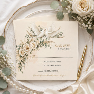 Elegant Ivory Roses Greenery Pearls RSVP Card