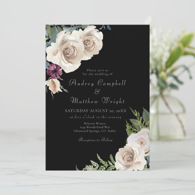 Elegant Ivory Roses on Black Wedding Invitation (Standing Front)