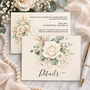 Elegant Ivory Roses Pearls Eucalytus Pampas Grass Enclosure Card