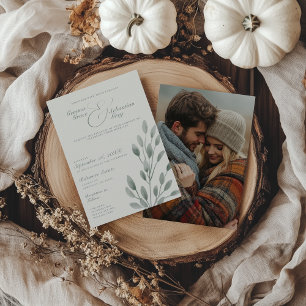 Elegant Ivory & Sage Fall Botanical Photo Wedding Invitation