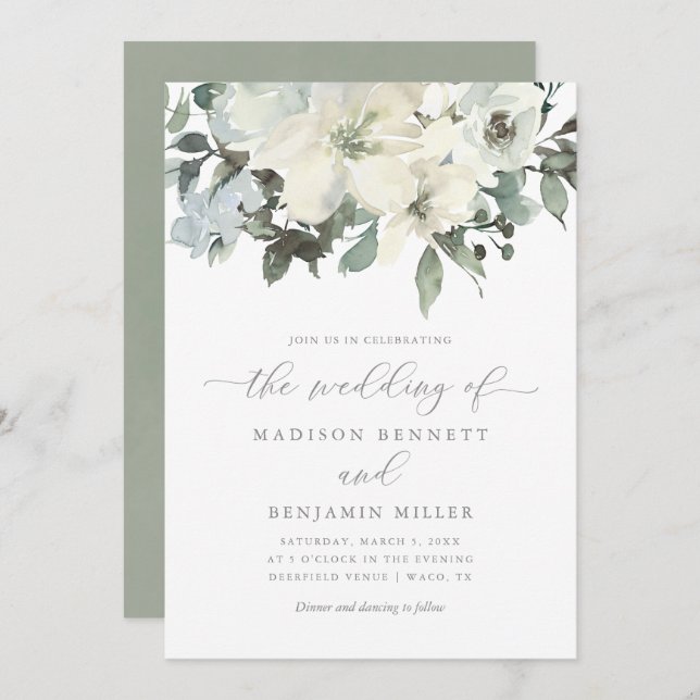 Elegant Ivory Sage Floral Greenery Wedding Invitation (Front/Back)