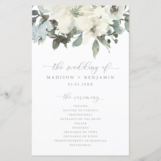 Elegant Ivory Sage Floral Greenery Wedding Program (Front)