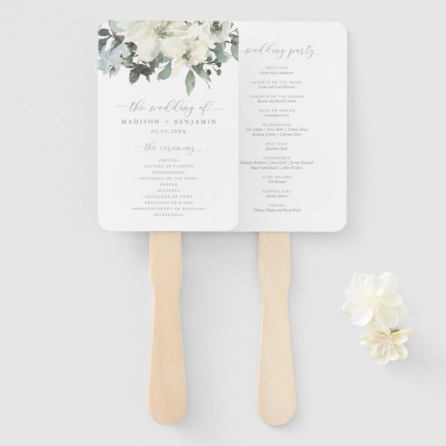 Elegant Ivory Sage Floral Greenery Wedding Program Hand Fan (Front and Back)