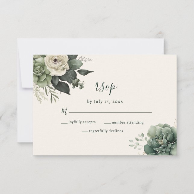 Elegant Ivory Sage Floral Greenery Wedding RSVP Card (Front)