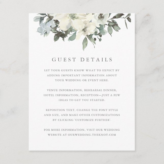 Elegant Ivory Sage Floral Wedding Guest Details Enclosure Card (Front)