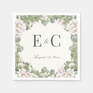 Elegant Ivory Sage Green Floral Monogram Wedding  Napkin