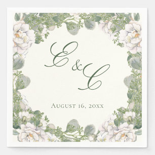 Elegant Ivory Sage Green Floral Monogram Wedding Napkin